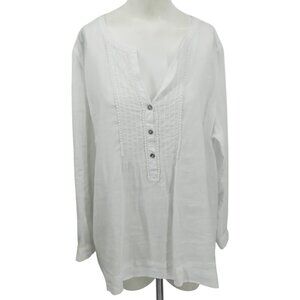 J Jill Love Linen White Popover Long Sleeve Blouse Size L Lagenlook Pintuck
